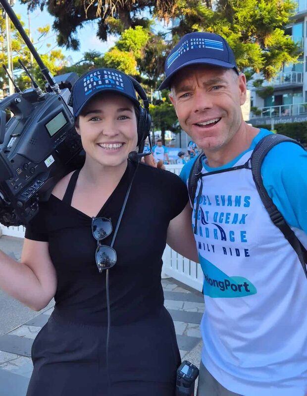 Laura filming with cyclist Cadel Evans